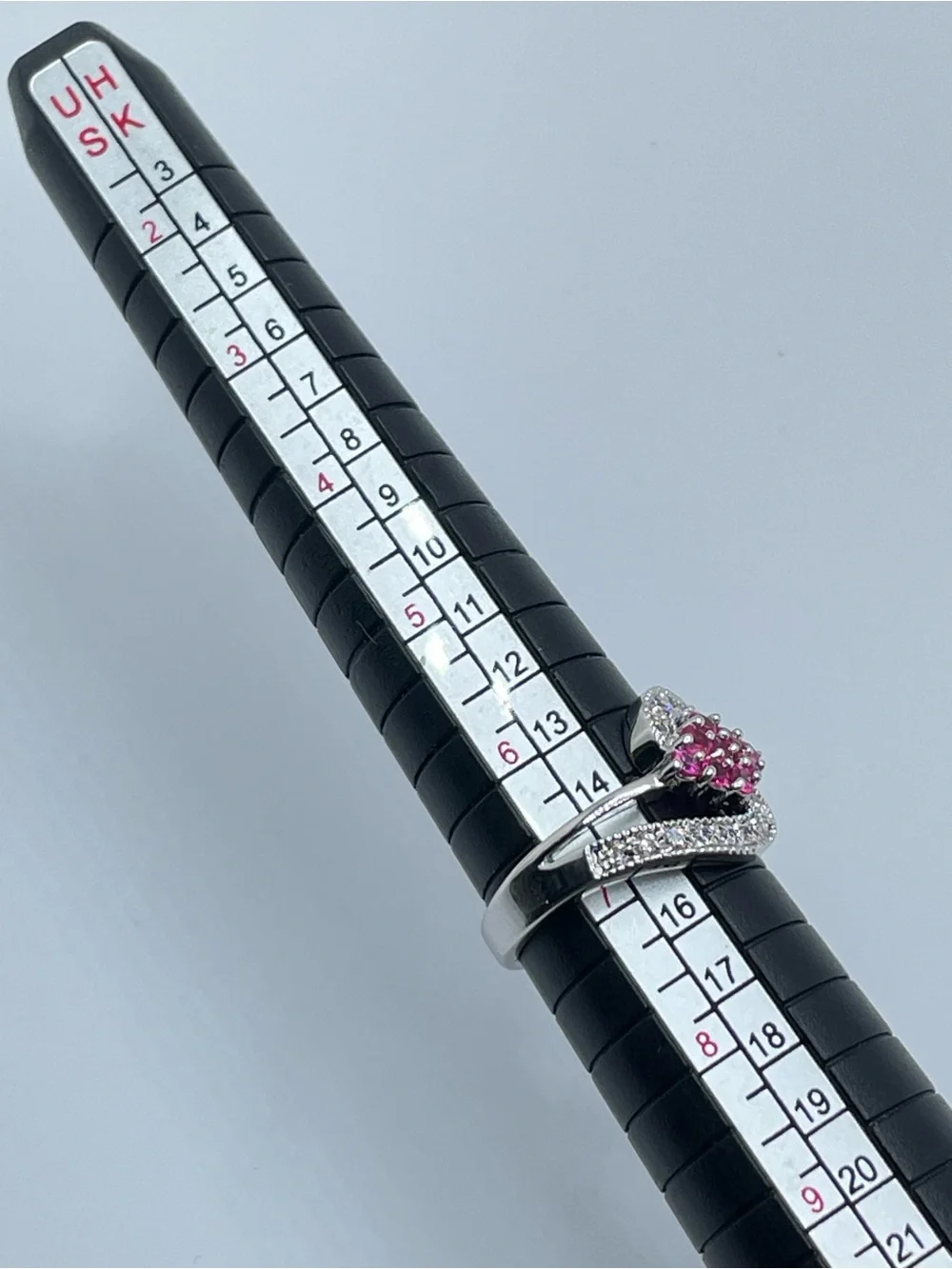 Swarovski Ruby Pink Diamond White Crystal Elements Ring CZ Halo Silver Sz 7